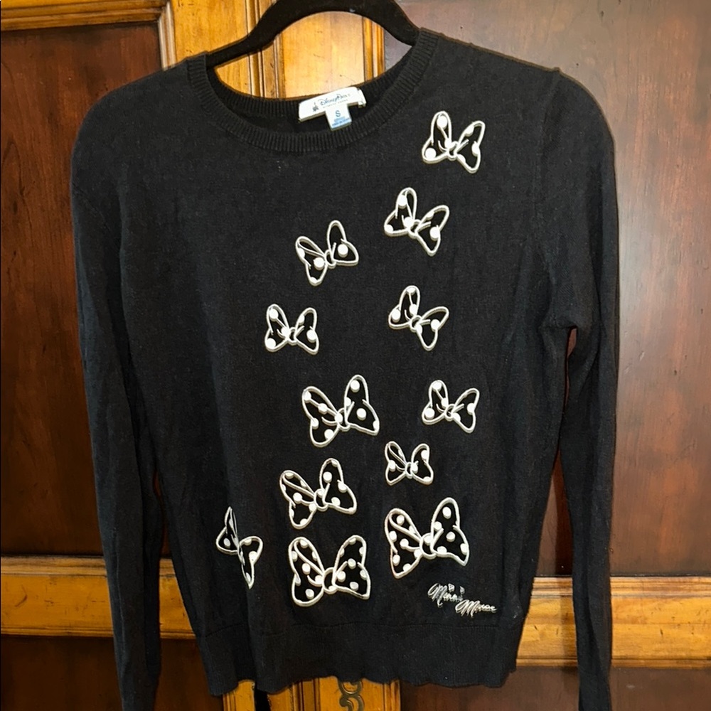 Minnie Mouse DisneyBlack Sweater with White Polka Dot Bow embroidery